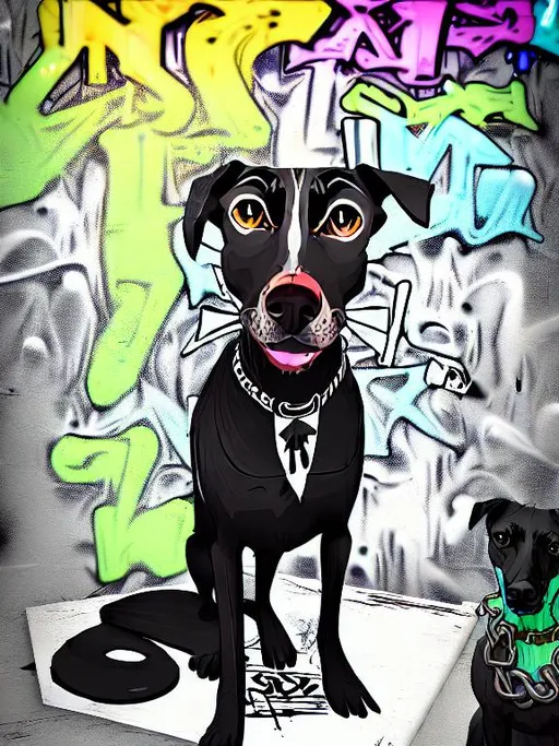 Prompt: mountain cur black dog in gangster clothing graffiti