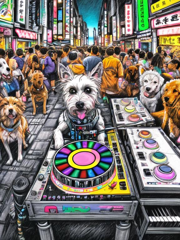Prompt: pop art chalk pastel art of detailed dog DJing in the streets in Japan during a festival, sketch, detailed background, highres, fun atmosphere, natural lighting,  abstract, fun