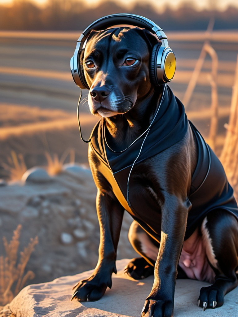 Prompt: all black mountain cur dog cyber punk ninja with headphones in sun set