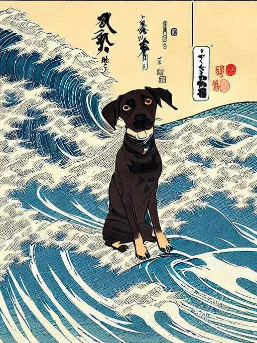 Prompt: black mountain cur dogs surfing in hiroshige wave 