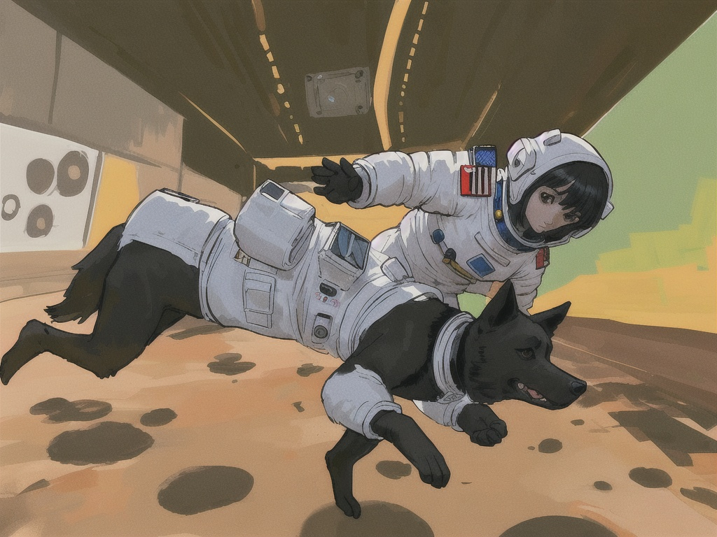 Prompt: abstract style art of black dogs in space in astronaut outfits