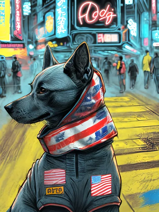 Prompt: pop art chalk pastel art of detailed dog wearing USA clothes playing in the streets in cyberpunk japan during a festival, sketch, detailed background, highres, fun atmosphere, natural lighting,  abstract, fun