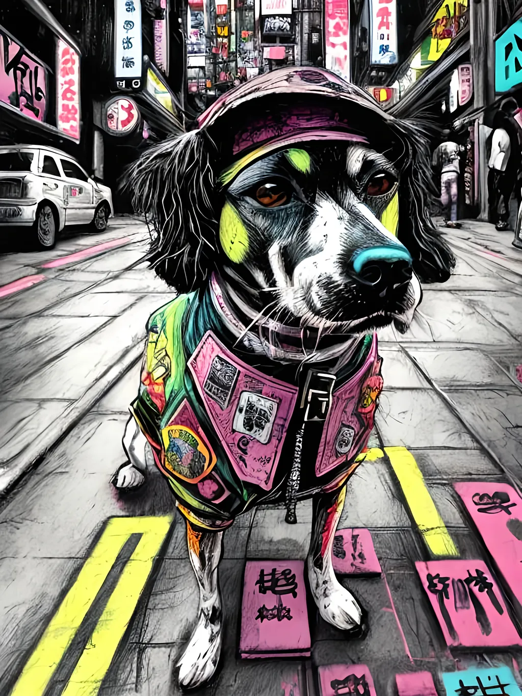 Prompt: pop art chalk pastel art of detailed dogs wearing punk clothes in the streets in cyberpunk japan during a festival, sketch, detailed background, highres, fun atmosphere, natural lighting,  abstract, fun