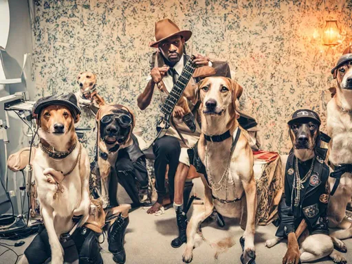 Prompt: black mountain cur dogs rap album dressed as gangsters in recording studio