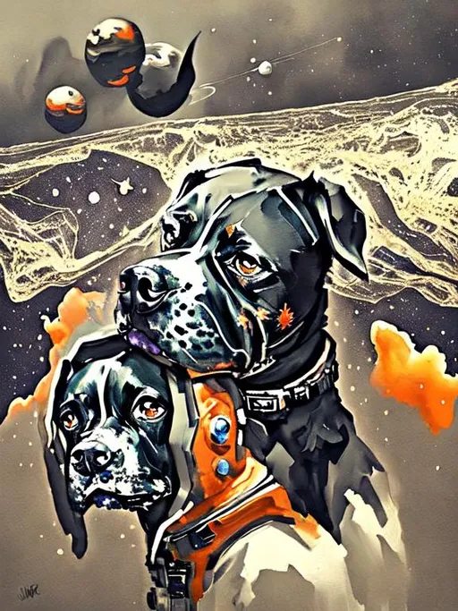 Prompt: Surrealism black dogs in cowboy outfits in space, abstract art style, cowboy hat, fun atmosphere, floating celestial bodies, mysterious nebulae, dreamlike, surreal, high contrast, otherworldly, abstract, space, astronaut, fun atmosphere, celestial bodies, dreamlike, surreal, high contrast, mysterious, nebulae, dogs, Pro trump clothing