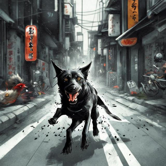 Prompt: sketch art of a black dog wearing  clothes chasing a chicken in the streets in japan, sketch, detailed background, highres, fun atmosphere, natural lighting, pastel colors, abstract, fun