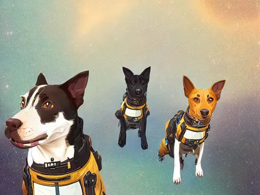 Prompt: black mountain cur dogs in space dressed in nasa uniforms