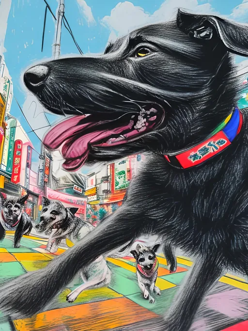 Prompt: pop art chalk pastel art of detailed dogs wearing clothes playing in the streets in japan during a festival, sketch, detailed background, highres, fun atmosphere, natural lighting,  abstract, fun