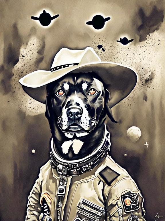 Prompt: Surrealism black dogs in cowboy outfits in space, abstract art style, cowboy hat, eerie atmosphere, floating celestial bodies, mysterious nebulae, dreamlike, surreal, high contrast, otherworldly, abstract, space, astronaut, fun atmosphere, celestial bodies, dreamlike, surreal, high contrast, mysterious, nebulae, dogs