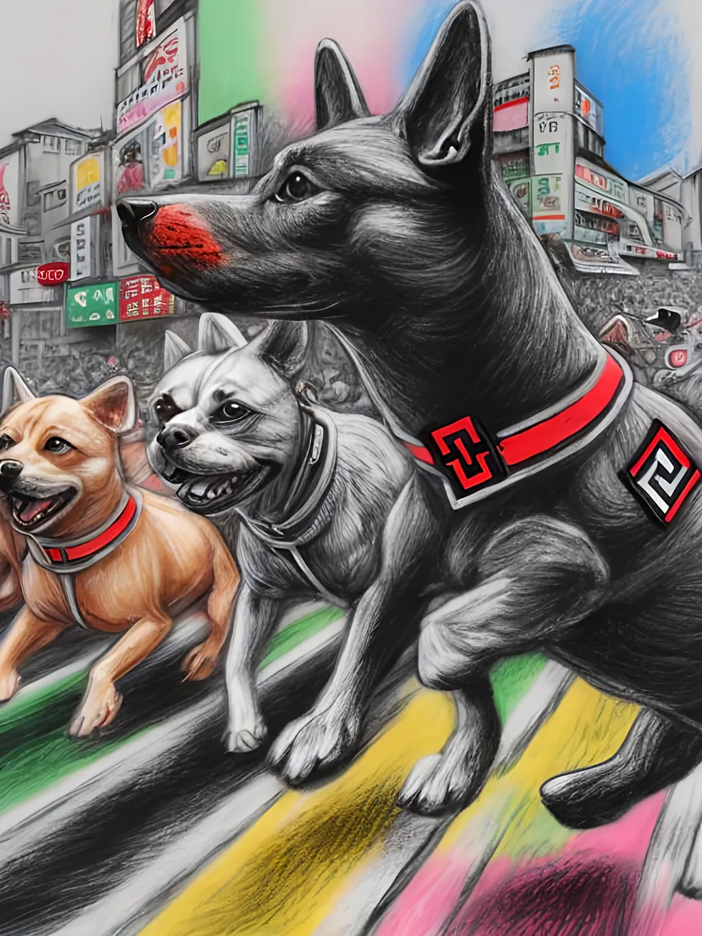 Prompt: pop art chalk pastel art of detailed dogs wearing nazi uniforms playing in the streets in japan during a festival, sketch, detailed background, highres, fun atmosphere, natural lighting,  abstract, fun