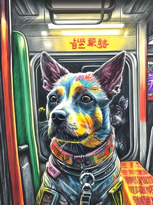 Prompt: pop art chalk pastel art of detailed dog on a train in cyberpunk japan during a festival, sketch, detailed background, highres, fun atmosphere, natural lighting,  abstract, fun