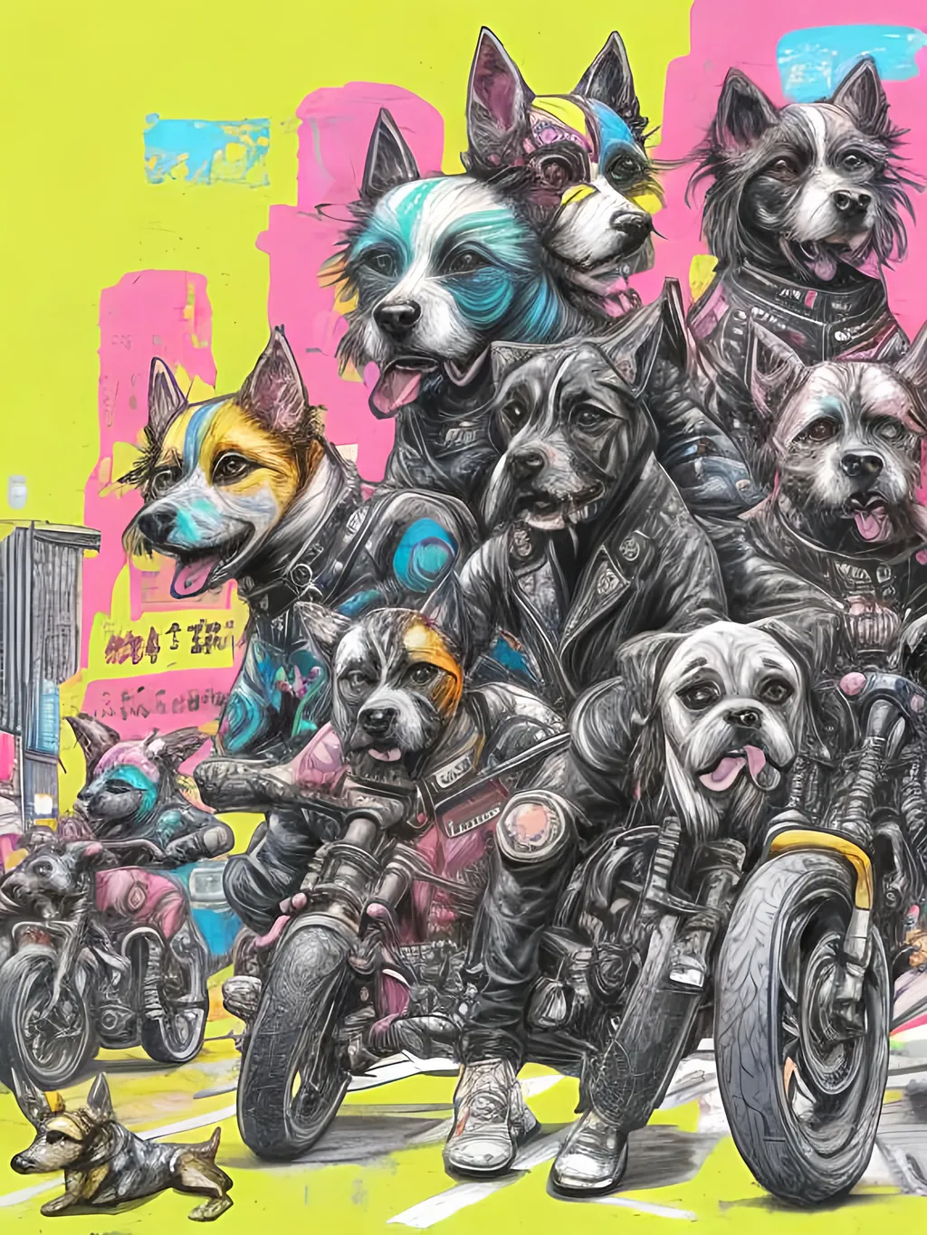 Prompt: pop art chalk pastel art of detailed dogs wearing biker gang clothes playing in the streets in cyberpunk japan during a festival, sketch, detailed background, highres, fun atmosphere, natural lighting,  abstract, fun