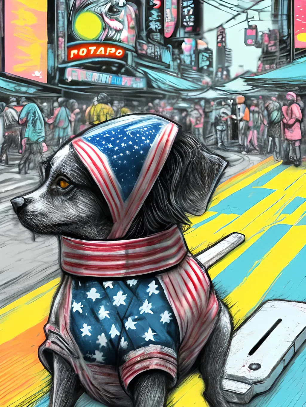 Prompt: pop art chalk pastel art of detailed dog wearing USA clothes playing in the streets in cyberpunk japan during a festival, sketch, detailed background, highres, fun atmosphere, natural lighting,  abstract, fun