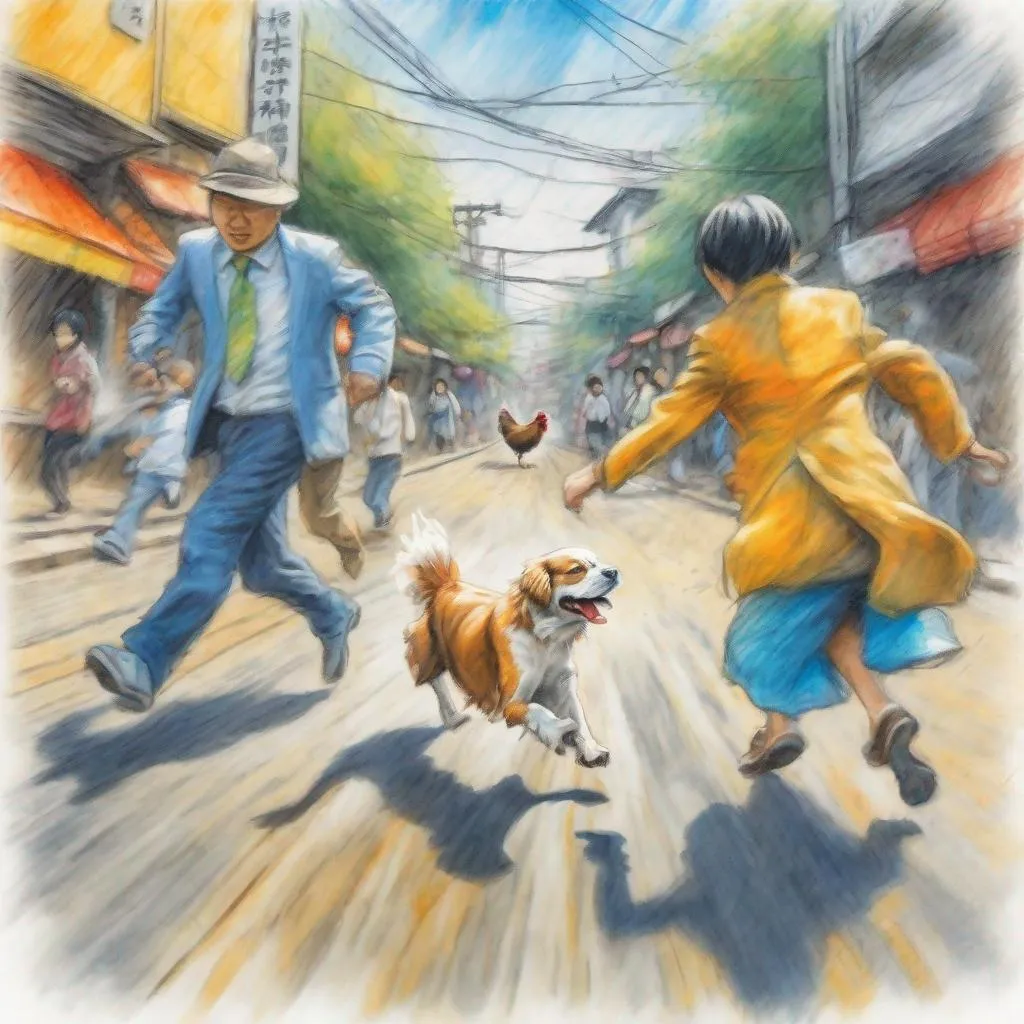 Prompt: chalk pastel art of dogs wearing clothes chasing a chicken in the streets in japan, sketch, detailed background, highres, fun atmosphere, natural lighting, pastel colors, abstract, fun