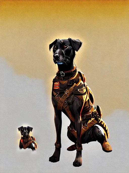 Prompt: black mountain cur dog in military gear in egypt