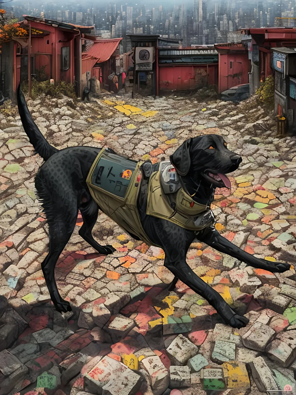 Prompt: a detailed mountain cur black dog in cyberpunk japan, pop art chalk pastel, detailed background, high res, fun