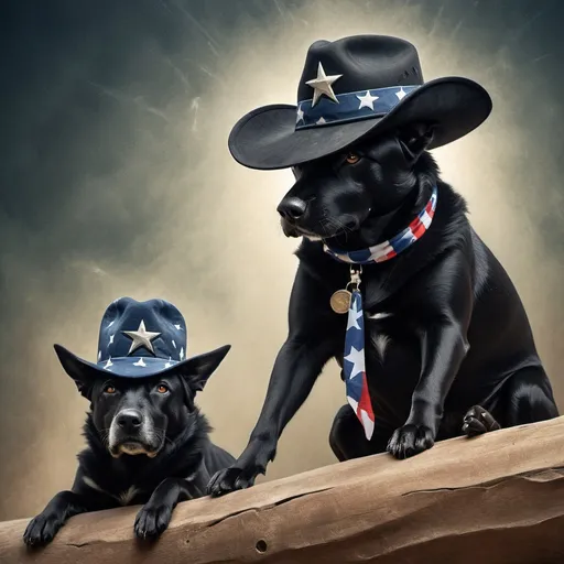 Prompt: Surreal, abstract art of black dogs in patriotic soldier outfits, cowboy hat, high contrast, dreamlike, otherworldly, fun atmosphere, mysterious, professional art, abstract, highres, vibrant colors, atmospheric lighting, USA, surreal style, vibrant, high-quality