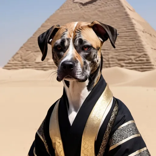 Prompt: black mountain cur dog dressed as yakuza in egypt