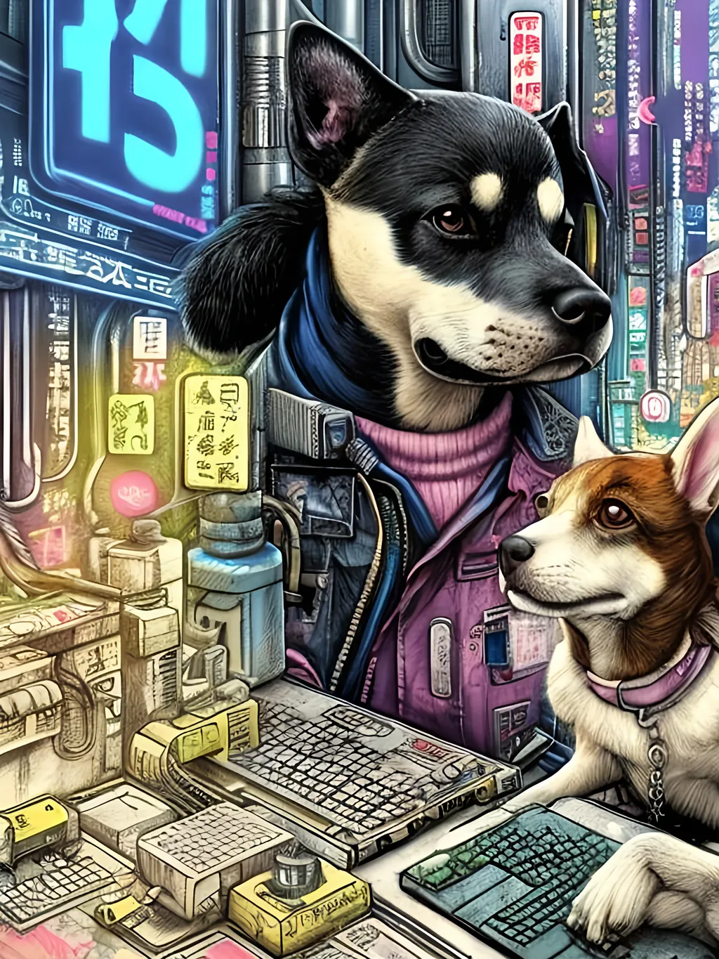 Prompt: pop art chalk pastel art of a detailed dog hacking a computer on the subway train in cyberpunk japan with planes in the background, sketch, detailed background, highres, fun atmosphere, natural lighting,  abstract, fun