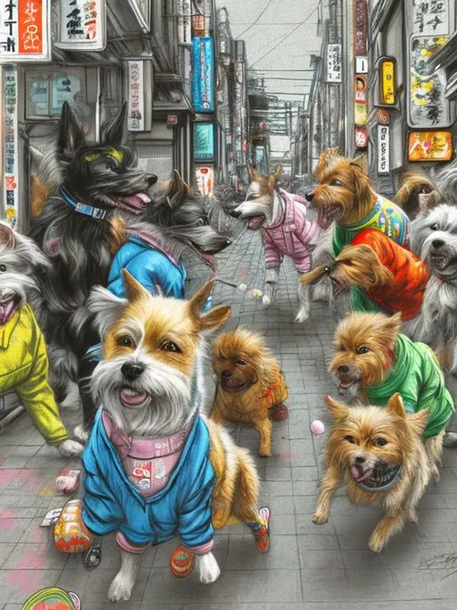 Prompt: pop art chalk pastel art of detailed dogs wearing clothes playing in the streets in japan during a festival, sketch, detailed background, highres, fun atmosphere, natural lighting,  abstract, fun