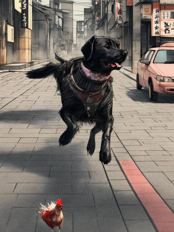 Prompt: a male black dog wearing clothes chasing a chicken in the streets in japan, sketch, detailed background, highres, fun atmosphere, natural lighting, pastel colors, abstract, fun