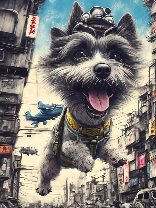 Prompt: Detailed happy dog flying in post-apocalyptic japan during a festival, sketch, chalk pastel, detailed planes in the background, grunge, highres, abstract, natural lighting, lively atmosphere, fun, detailed dogs, vibrant, happy-go-lucky