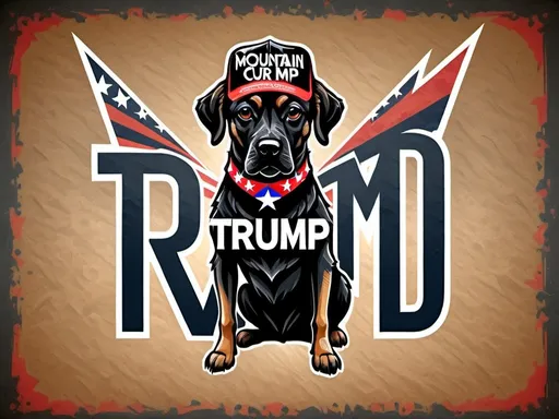 Prompt: Mountain cur black dog in pro trump clothing abstract art style