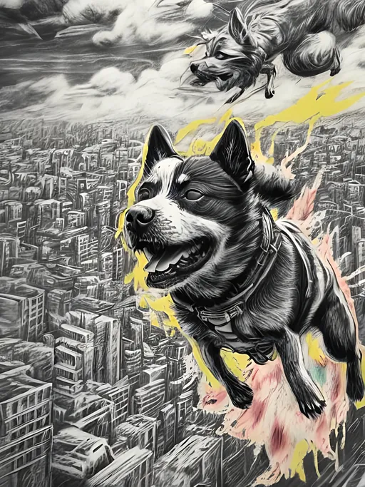 Prompt: pop art chalk pastel art of detailed dog flying in post apocalyptic Japan, sketch, detailed background, highres, fun atmosphere, natural lighting,  abstract, fun