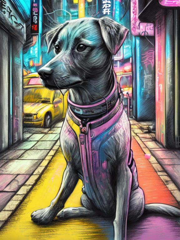 Prompt: pop art chalk pastel art of a detailed dog listening to music on the streets in cyberpunk japan during a festival, sketch, detailed background, highres, fun atmosphere, natural lighting,  abstract, fun