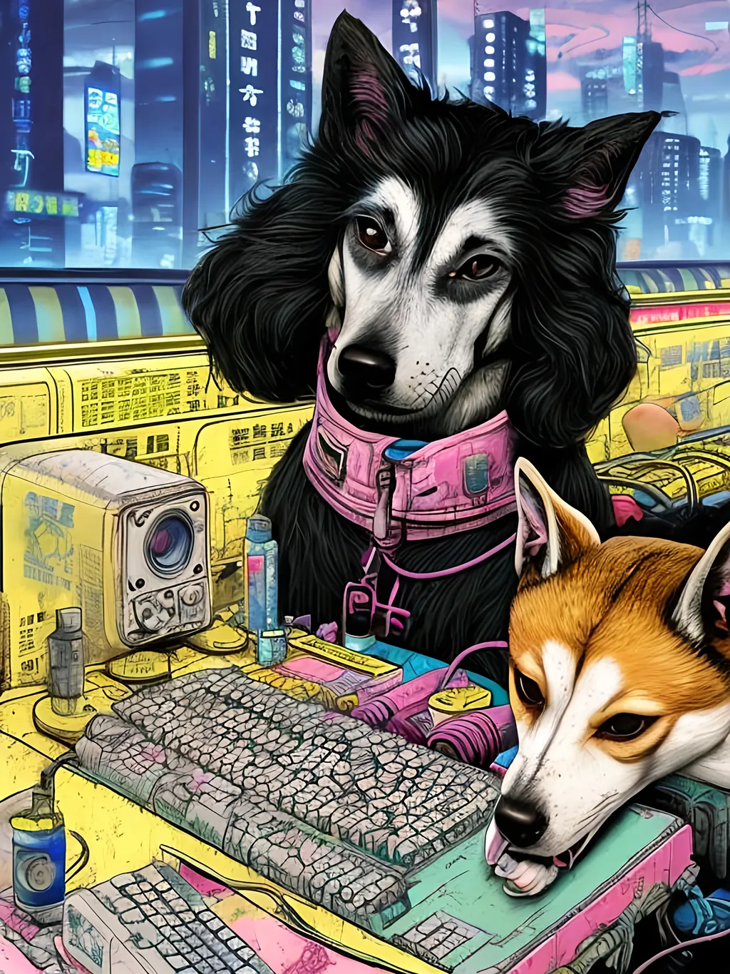 Prompt: pop art chalk pastel art of a detailed dog hacking a computer on the subway train in cyberpunk japan with planes in the background, sketch, detailed background, highres, fun atmosphere, natural lighting,  abstract, fun
