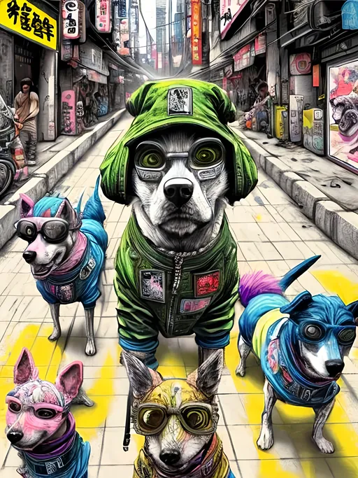 Prompt: pop art chalk pastel art of detailed dogs wearing gangster clothes playing in the streets in cyberpunk japan during a festival, sketch, detailed background, highres, fun atmosphere, natural lighting,  abstract, fun
