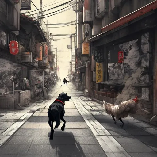 Prompt: a black dog wearing soldier clothes chasing a chicken in the streets in japan, sketch, detailed background, highres, fun atmosphere, natural lighting, pastel colors, abstract, fun