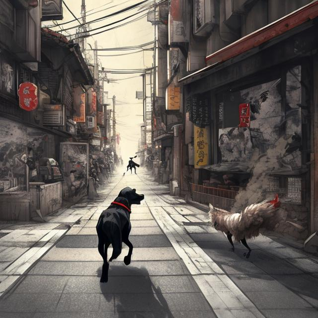 Prompt: a black dog wearing soldier clothes chasing a chicken in the streets in japan, sketch, detailed background, highres, fun atmosphere, natural lighting, pastel colors, abstract, fun