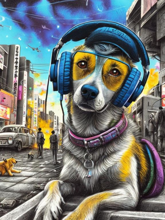 Prompt: pop art chalk pastel art of a detailed dog listening to music on the streets in post-apocalyptic Japan during a festival with planes in the background, sketch, detailed background, highres, fun atmosphere, natural lighting,  abstract, fun