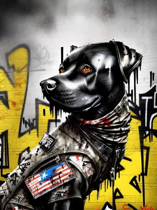 Prompt: Abstract art of a black dogs in gangster punk clothes, graffiti, streets, patriotic, detailed, atmospheric lighting, intense battle in the background, highres, ultra-detailed, abstract, gangster, detailed clothing, patriotic theme, street graffiti, intense battle, atmospheric lighting, dogs