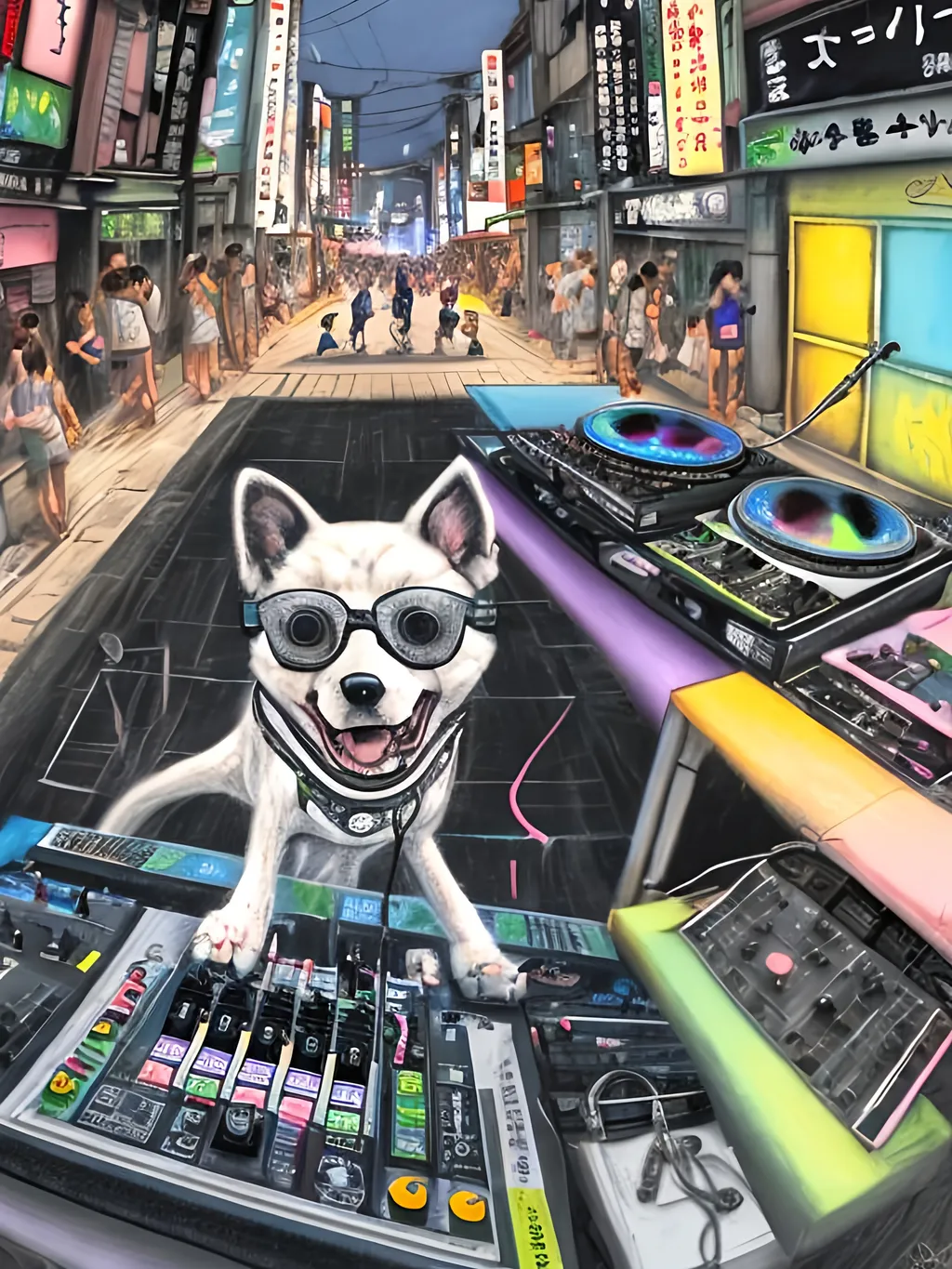 Prompt: chalk pastel art of detailed dog DJing in the streets in Japan during a festival, sketch, detailed background, highres, fun atmosphere, natural lighting,  abstract, fun