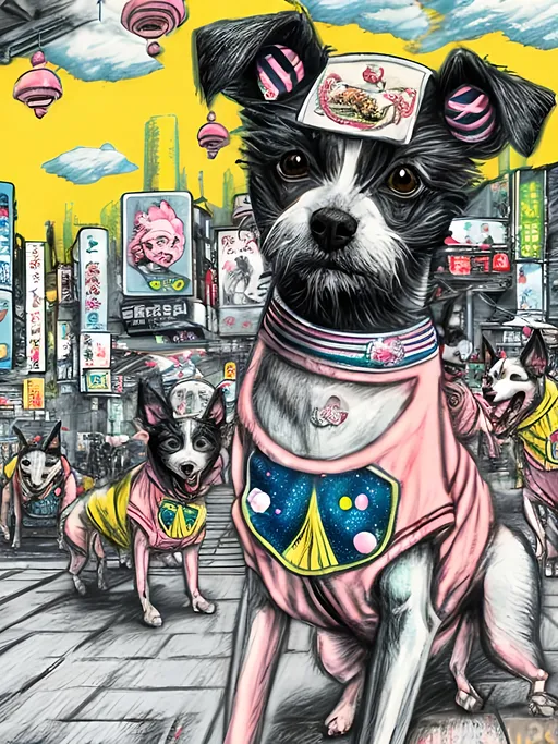 Prompt: pop art chalk pastel art of detailed dogs wearing sailor uniforms playing in the streets in cyberpunk japan during a festival, sketch, detailed background, highres, fun atmosphere, natural lighting,  abstract, fun