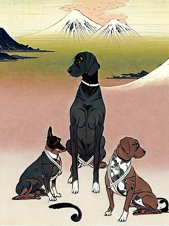 Prompt: black mountain cur dogs pooping in hiroshige wave 