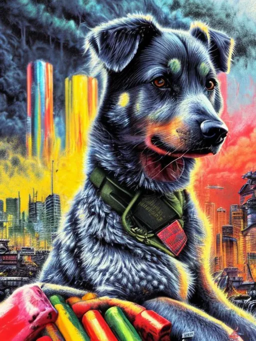 Prompt: Detailed chalk pastel pop art of dogs in soldier uniforms, detailed background of Tokyo Japan with airplanes, highres, natural lighting, happy, fun, lively atmosphere, punk, pop art, detailed, soldier uniforms, Tokyo Japan, airplanes, vibrant colors, energetic, atmospheric lighting, detailed background
