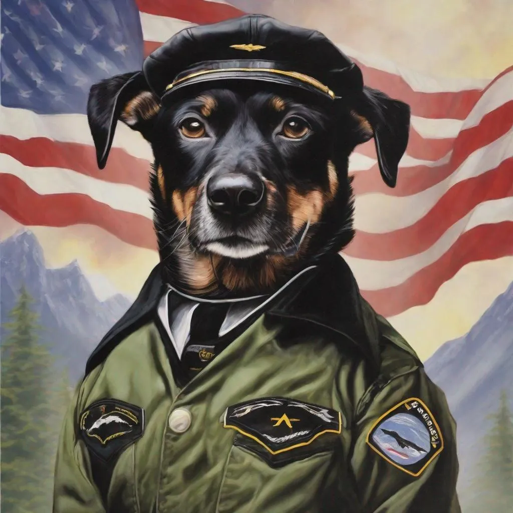 Prompt: mountain cur black dogs in pilots uniform 90s poster