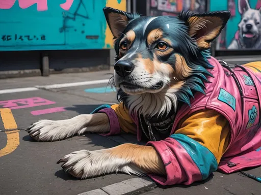 Prompt: a detailed grunge dog in cyberpunk Japan festival, chalk pastel, natural lighting, highres, detailed streets, fun, cyberpunk, detailed fur, vibrant colors, lively atmosphere, street festival, urban setting, chalk pastel art, detailed background, Japan, pop art, festival vibes, sketch