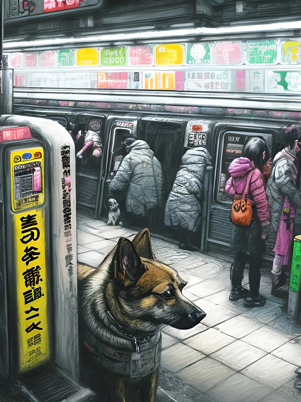 Prompt: pop art chalk pastel art of detailed dog at a subway in cyberpunk japan, sketch, detailed background, highres, fun atmosphere, natural lighting,  abstract, fun