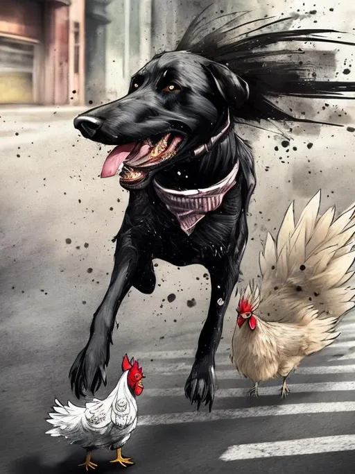 Prompt: a black dog wearing clothes chasing a chicken in the streets, sketch, detailed background, highres, fun atmosphere, natural lighting, pastel colors, abstract, fun