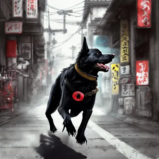 Prompt: a black dog wearing soldier clothes chasing a chicken in the streets in japan, sketch, detailed background, highres, fun atmosphere, natural lighting, pastel colors, abstract, fun