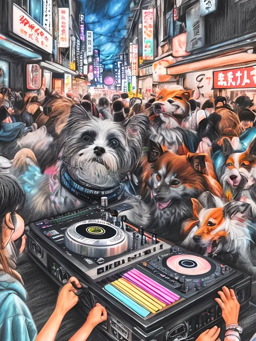 Prompt: chalk pastel art of detailed dog DJing in the streets in Japan during a festival, sketch, detailed background, highres, fun atmosphere, natural lighting,  abstract, fun