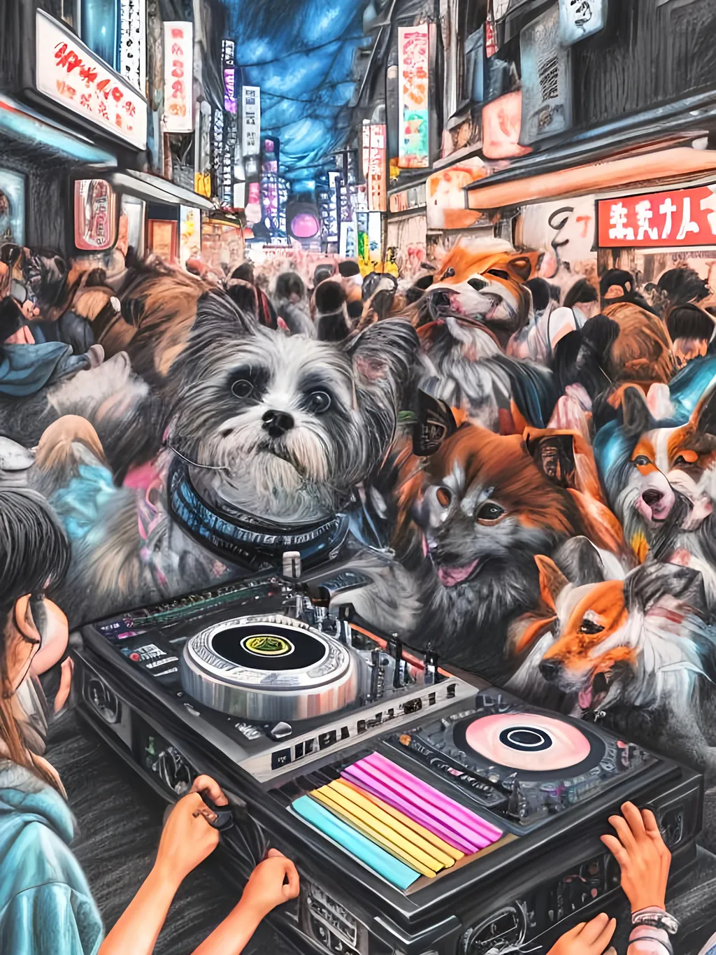 Prompt: chalk pastel art of detailed dog DJing in the streets in Japan during a festival, sketch, detailed background, highres, fun atmosphere, natural lighting,  abstract, fun