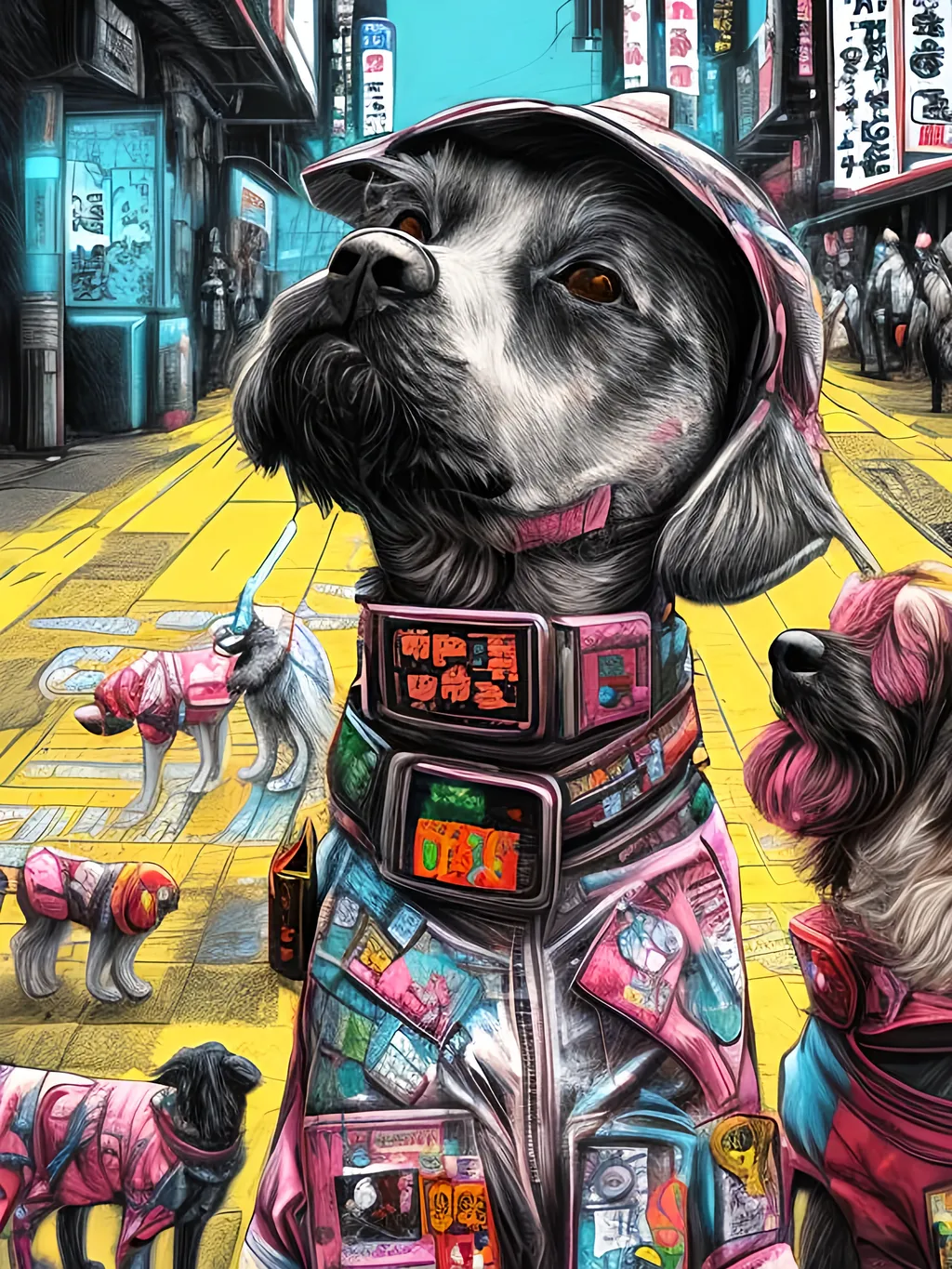 Prompt: pop art chalk pastel art of detailed dogs wearing clothes in the streets in cyberpunk japan during a festival, sketch, detailed background, highres, fun atmosphere, natural lighting,  abstract, fun