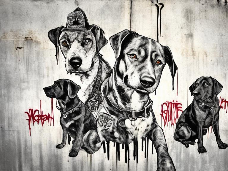 Prompt: mountain cur black dogs in gangster clothing graffiti