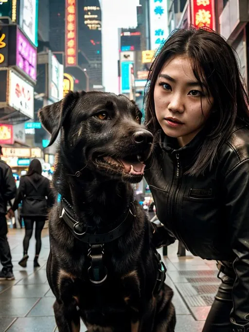 Prompt: mountain cur black dog with half asian girl in cyberpunk city