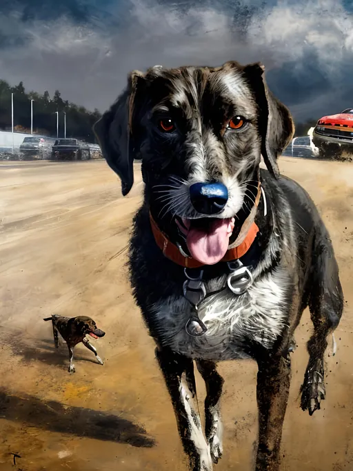 Prompt: Detailed mountain cur all black dog at a nascar race, pop art chalk pastel, grunge, highres, abstract, natural lighting, lively atmosphere, fun, vibrant, happy-go-lucky, detailed dogs, detailed eyes, detailed fur, festive, flying, post-apocalyptic, Japan, chalk pastel, detailed background, grunge style, abstract art, high quality, natural lighting